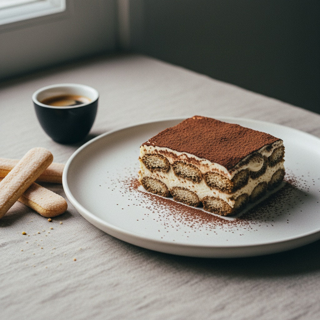 Tiramisu Classico plated, showing espresso-soaked savoiardi and mascarpone layers