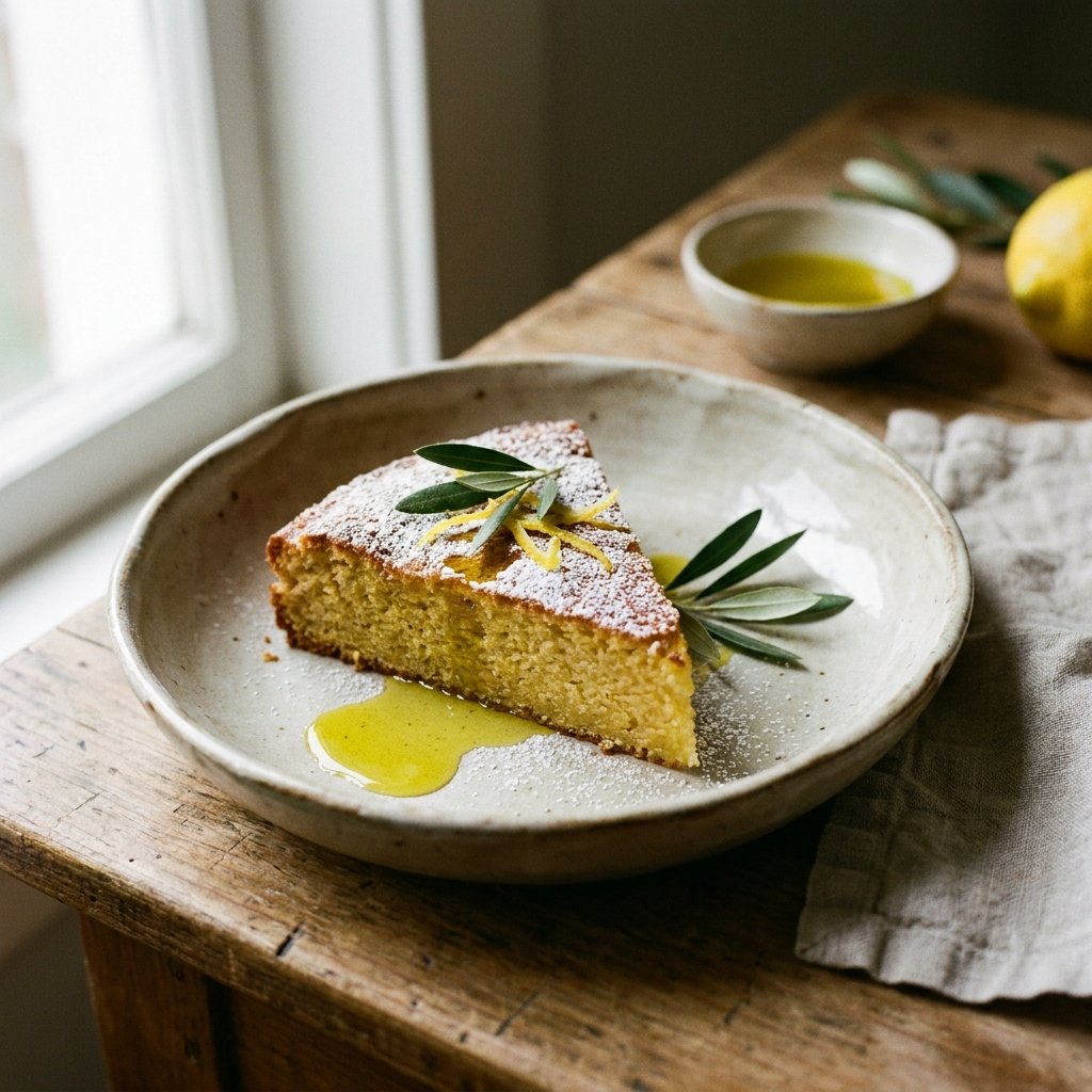 Torta all'Olio d'Oliva sliced and dusted with powdered sugar