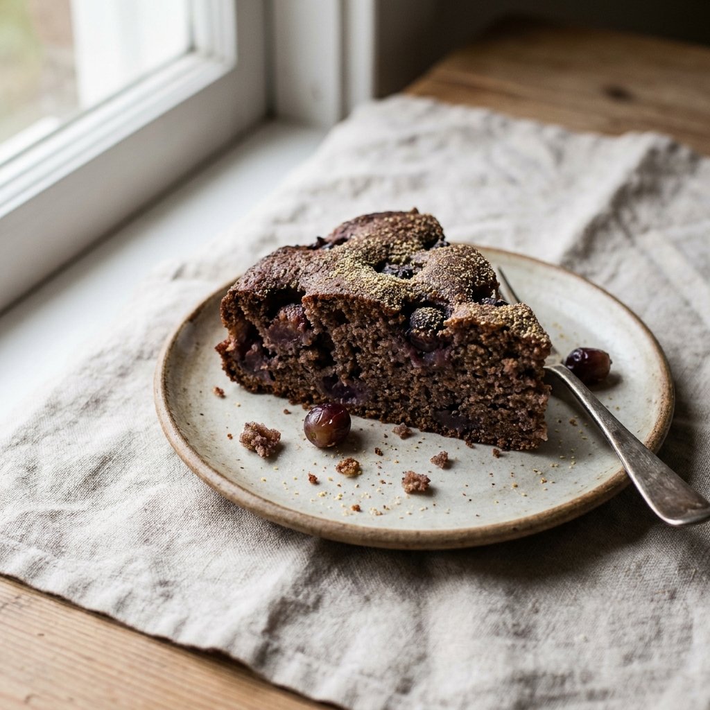 Torta Bertolina grape cake sliced with dark grapes visible in the crumb