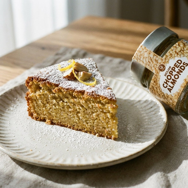 Torta delle Monache ricotta almond cake with Gusta chopped almonds alongside
