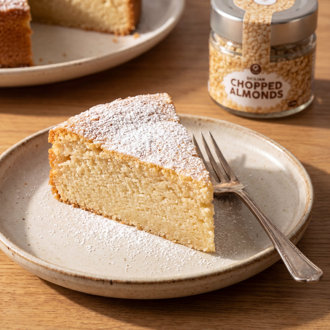 Torta di Mandorle slice on a plate, with the Gusta chopped almonds alongside