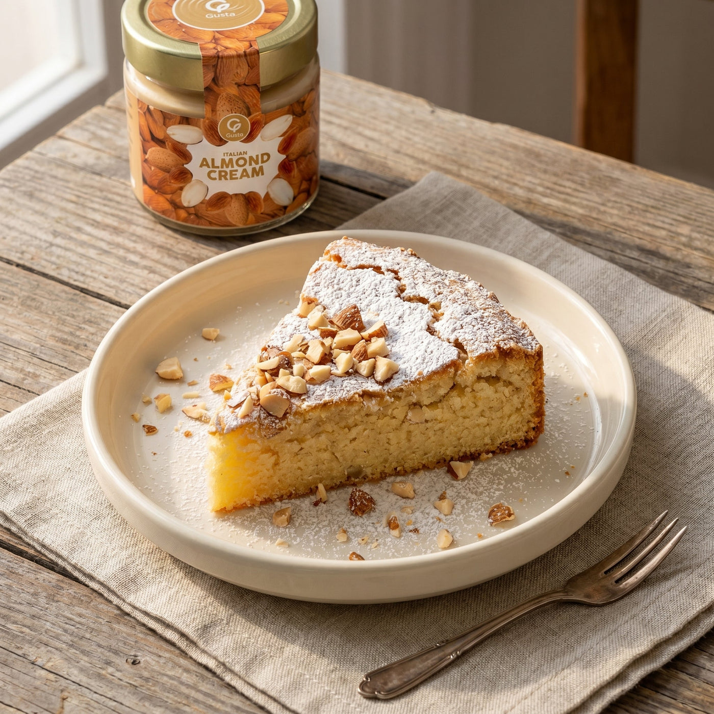 Torta di Mandorle Morbida plated, with the Gusta almond cream jar alongside