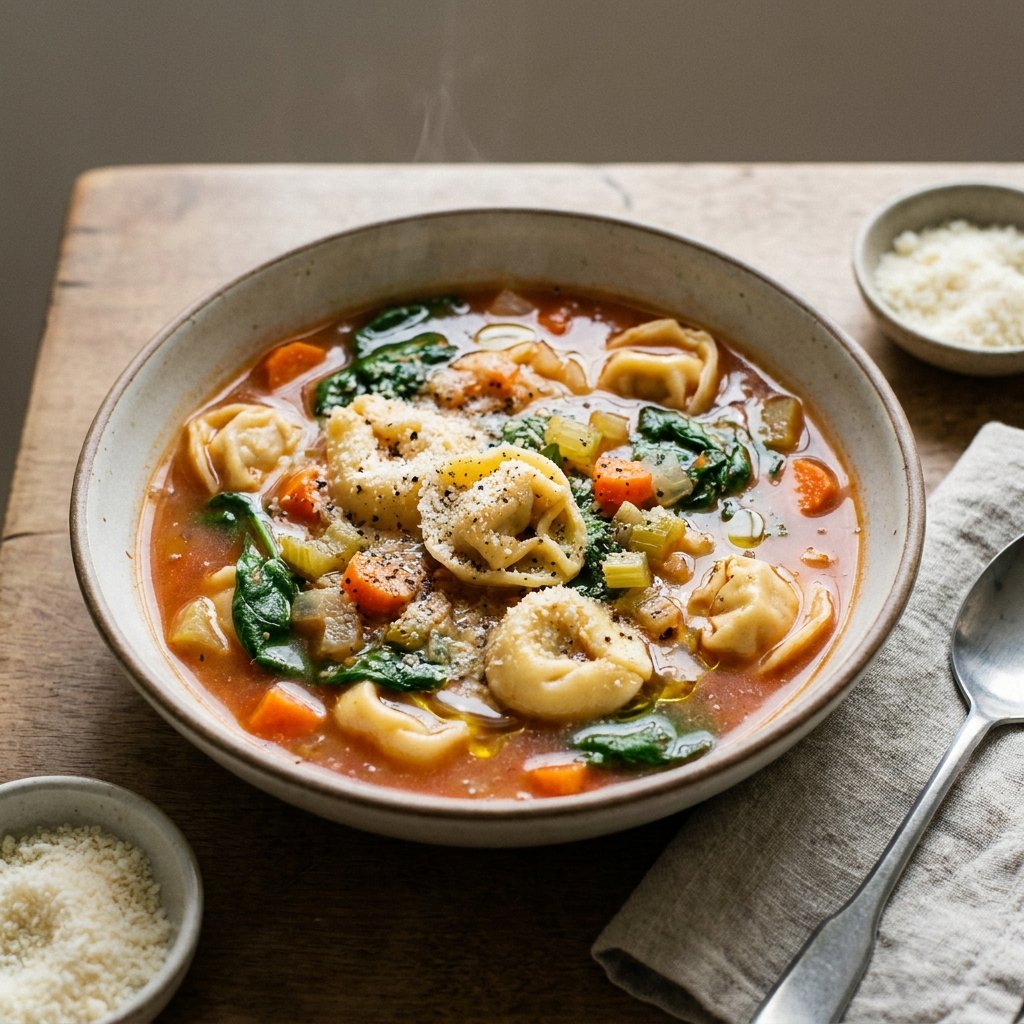 Tortellini Soup plated for the Gusta Recipe Book