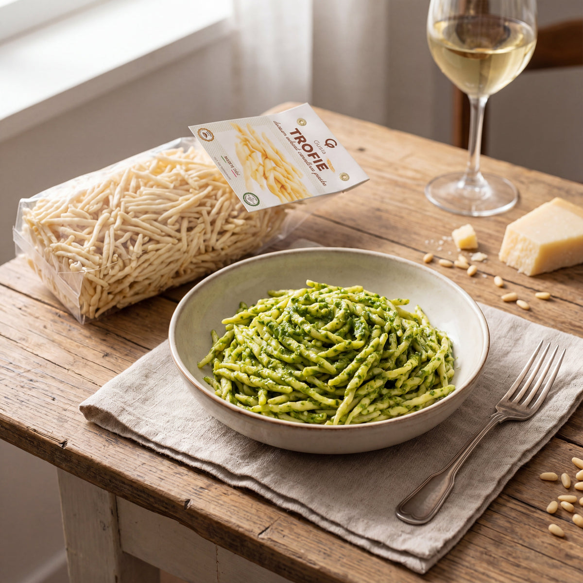Trofie al Pesto plated with vivid green pesto, Gusta Meal Kit alongside