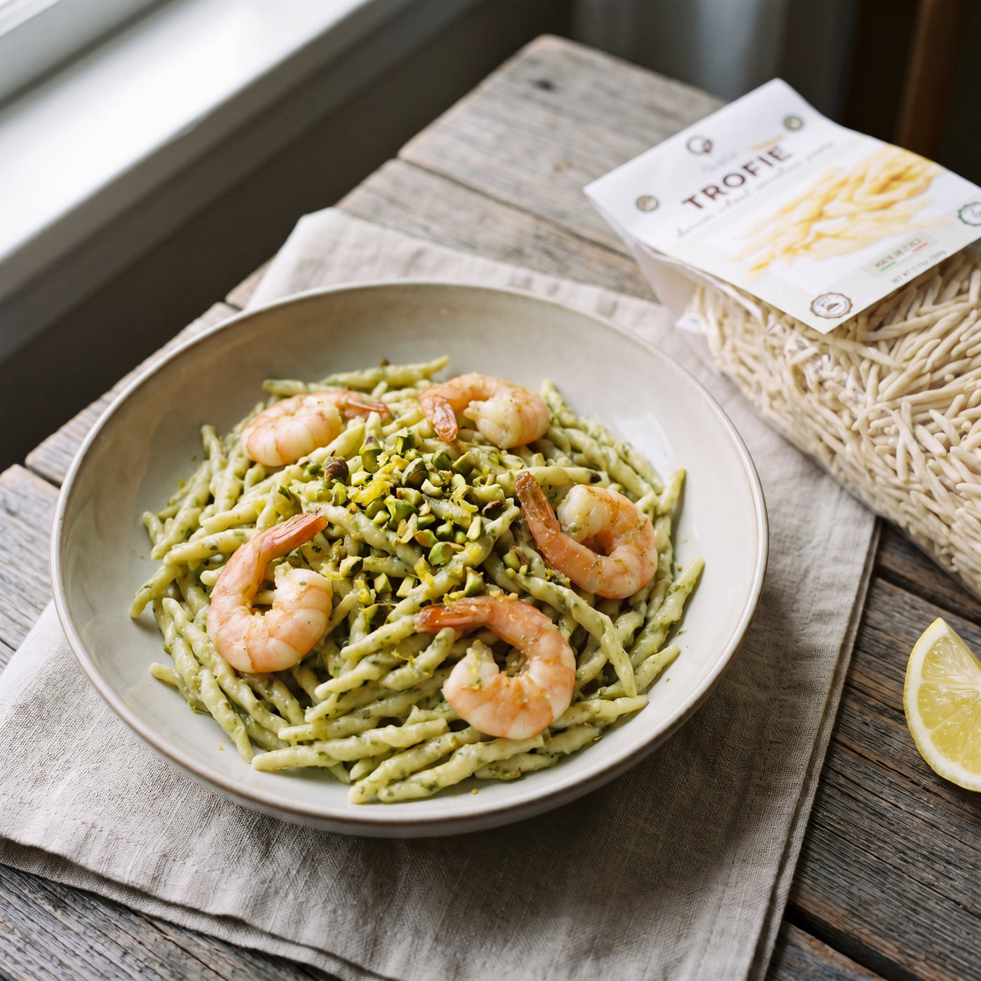 Trofie al Pistacchio con Gamberetti plated, with the Gusta trofie pasta alongside