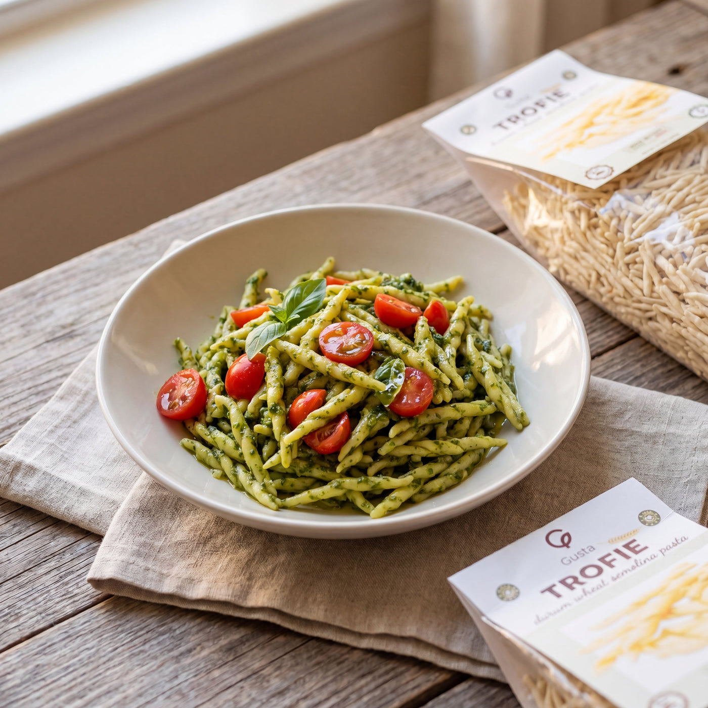 Trofie con Pesto e Pomodorini plated, with the Gusta trofie pasta alongside