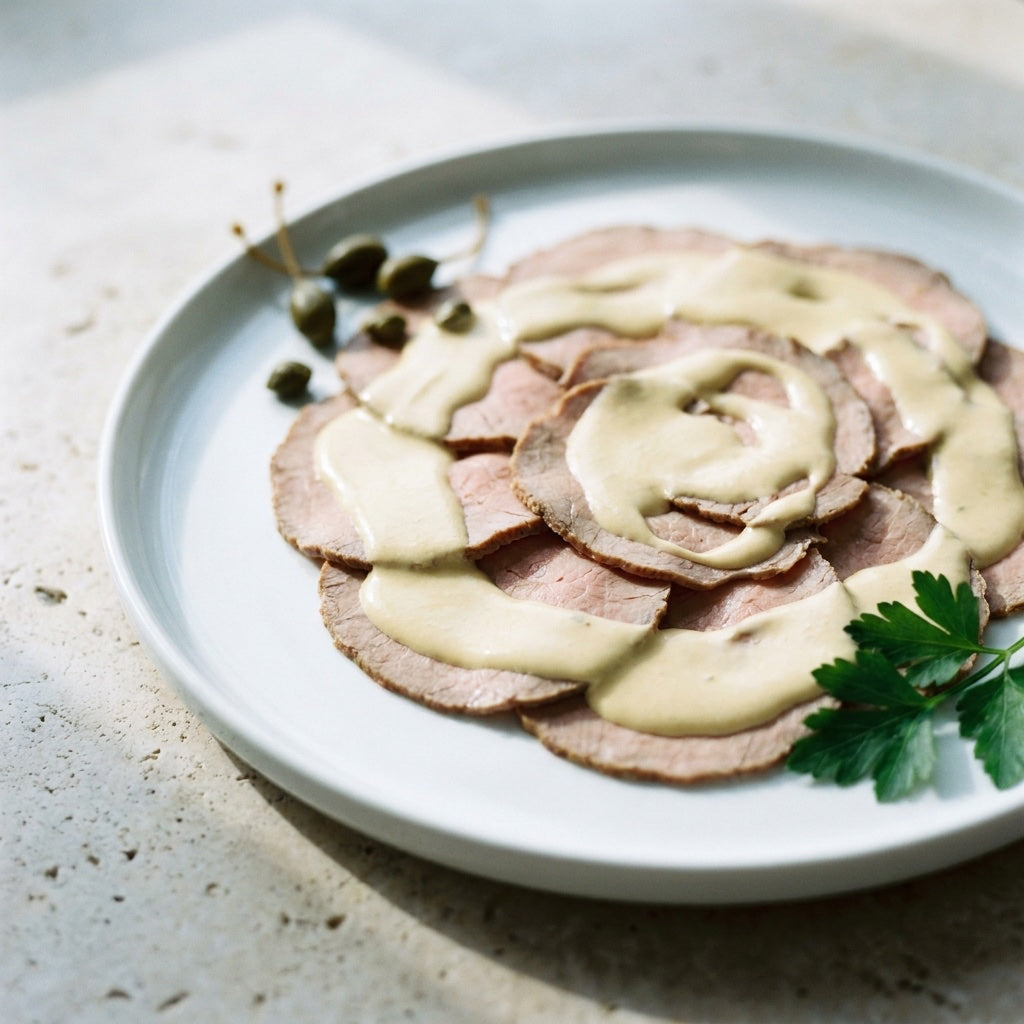 Vitello Tonnato with tonnato sauce and caper berries