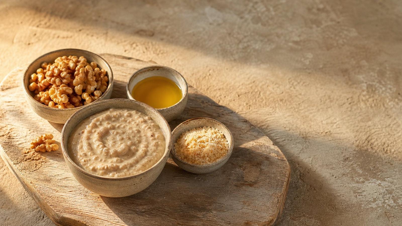 Editorial food photograph of walnut sauce, natural light, no text