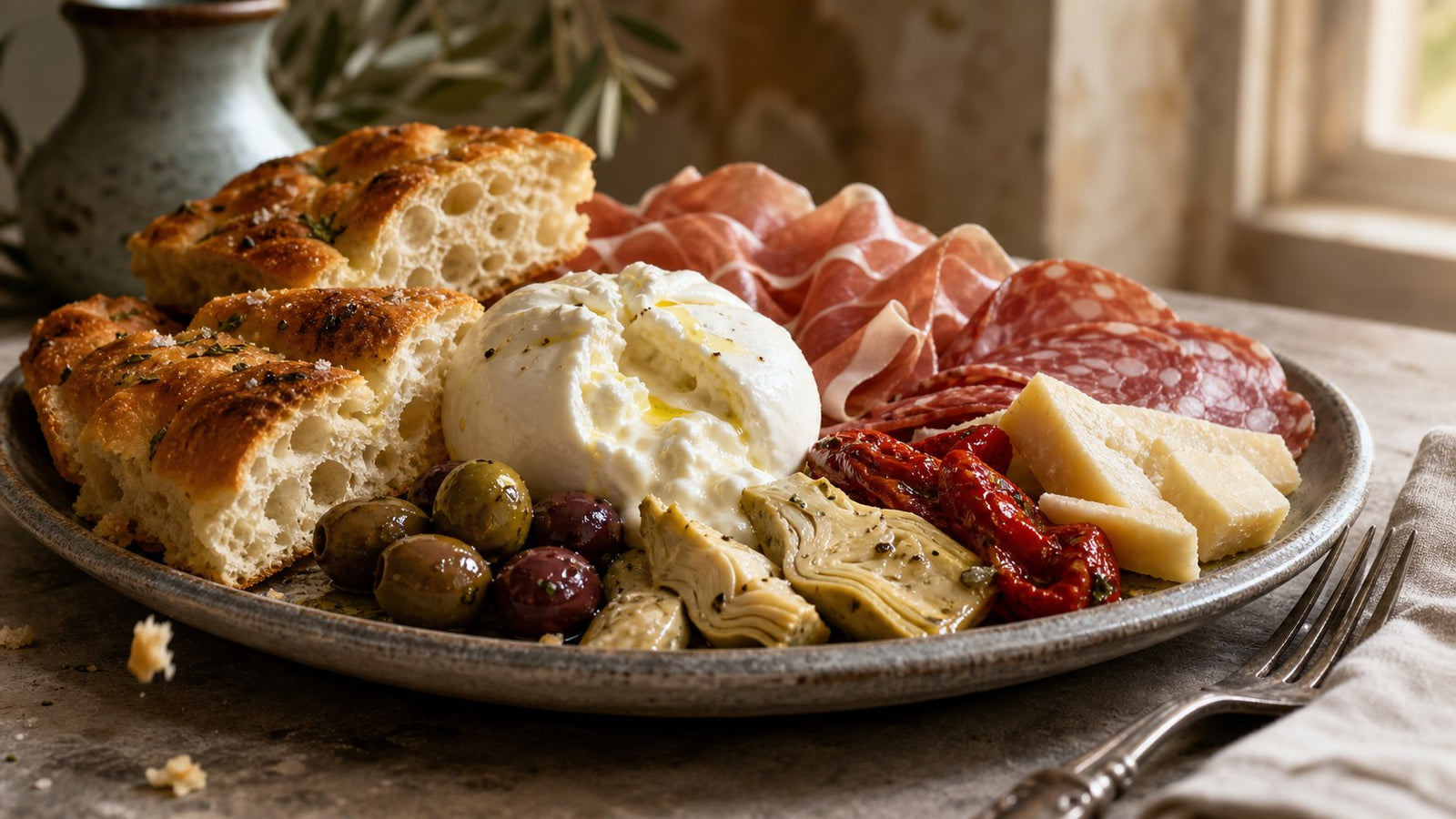 Editorial food photograph of what goes on an italian appetizer board, natural light, no text