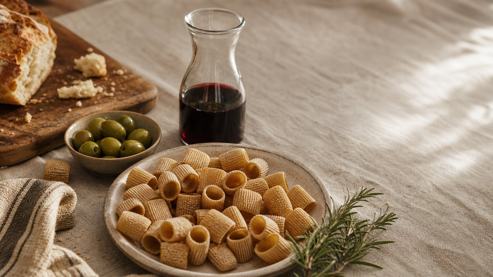 Editorial food photograph of bronze die pasta, natural light, no text