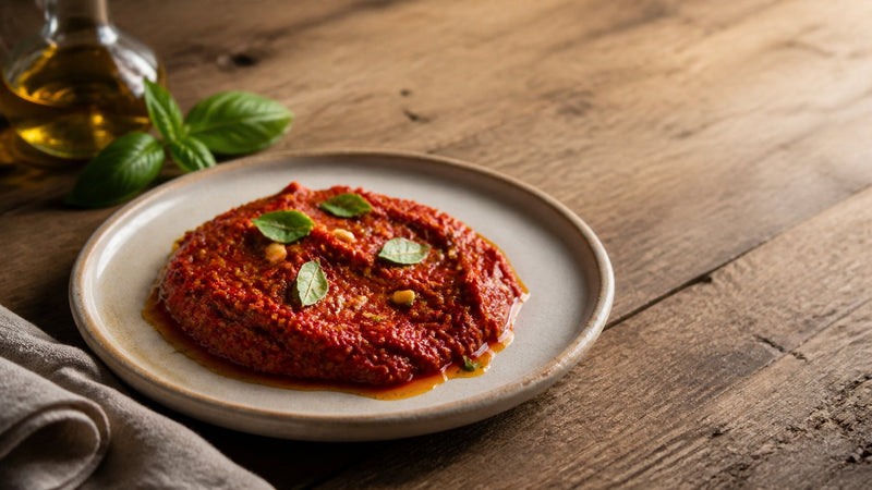Editorial food photograph of pesto rosso, natural light, no text