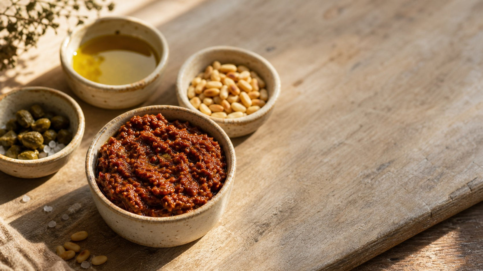 Editorial food photograph of sun dried tomato pate, natural light, no text