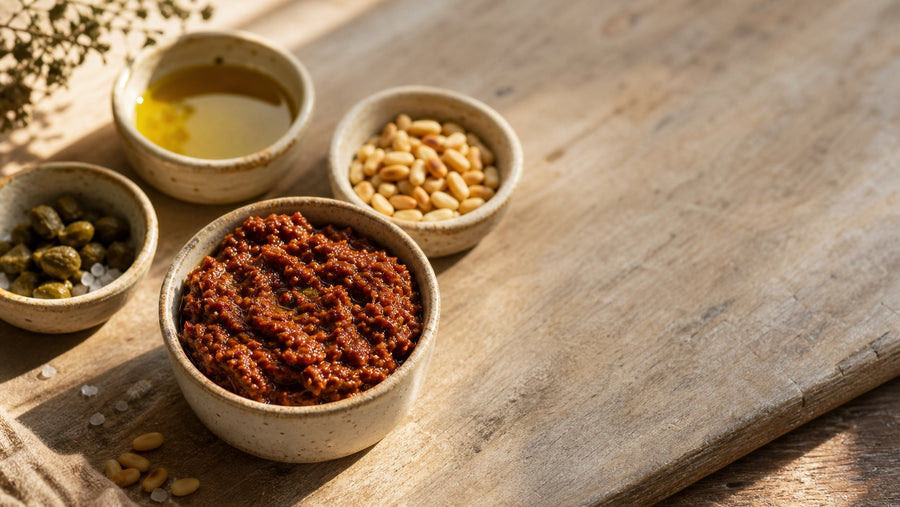 Editorial food photograph of sun dried tomato pate, natural light, no text