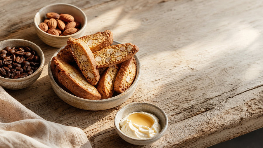 Editorial food photograph of what to serve with biscotti, natural light, no text
