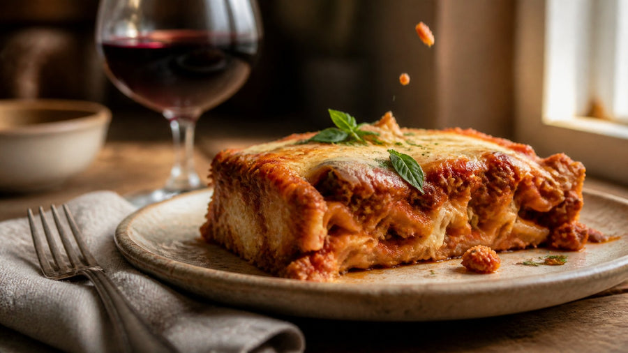 Editorial food photograph of what wine goes with pasta, natural light, no text