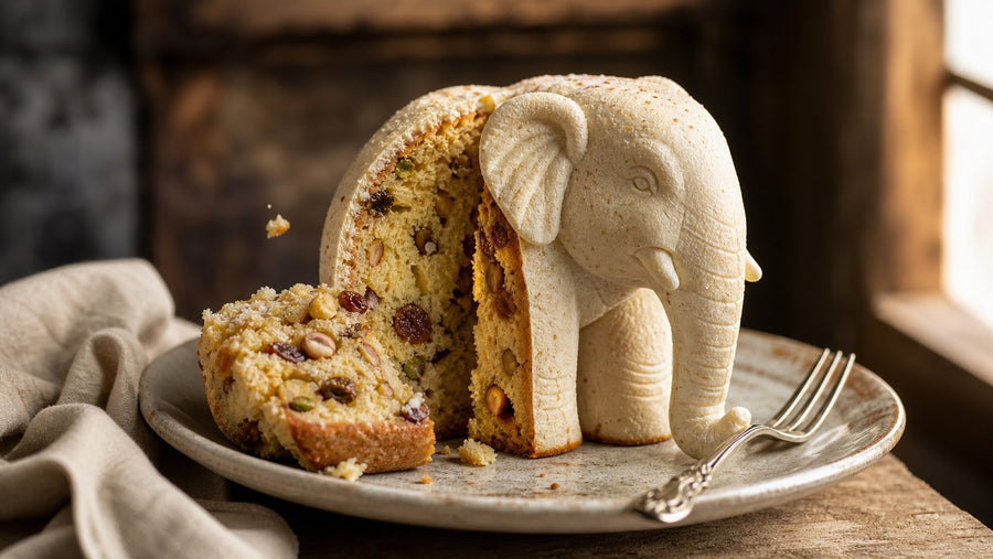 Editorial food photograph of white elephant food gifts, natural light, no text
