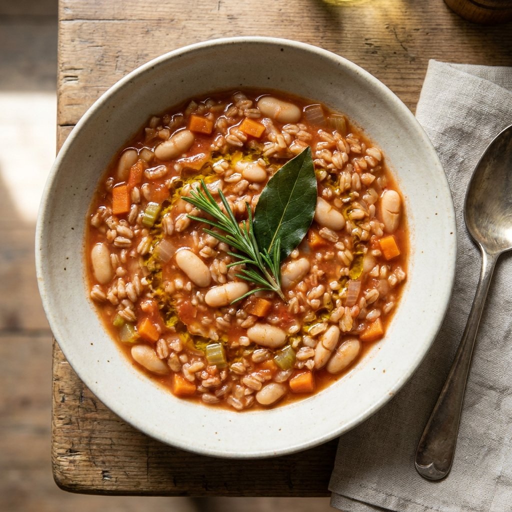 Zuppa di Farro served in a shallow soup bowl