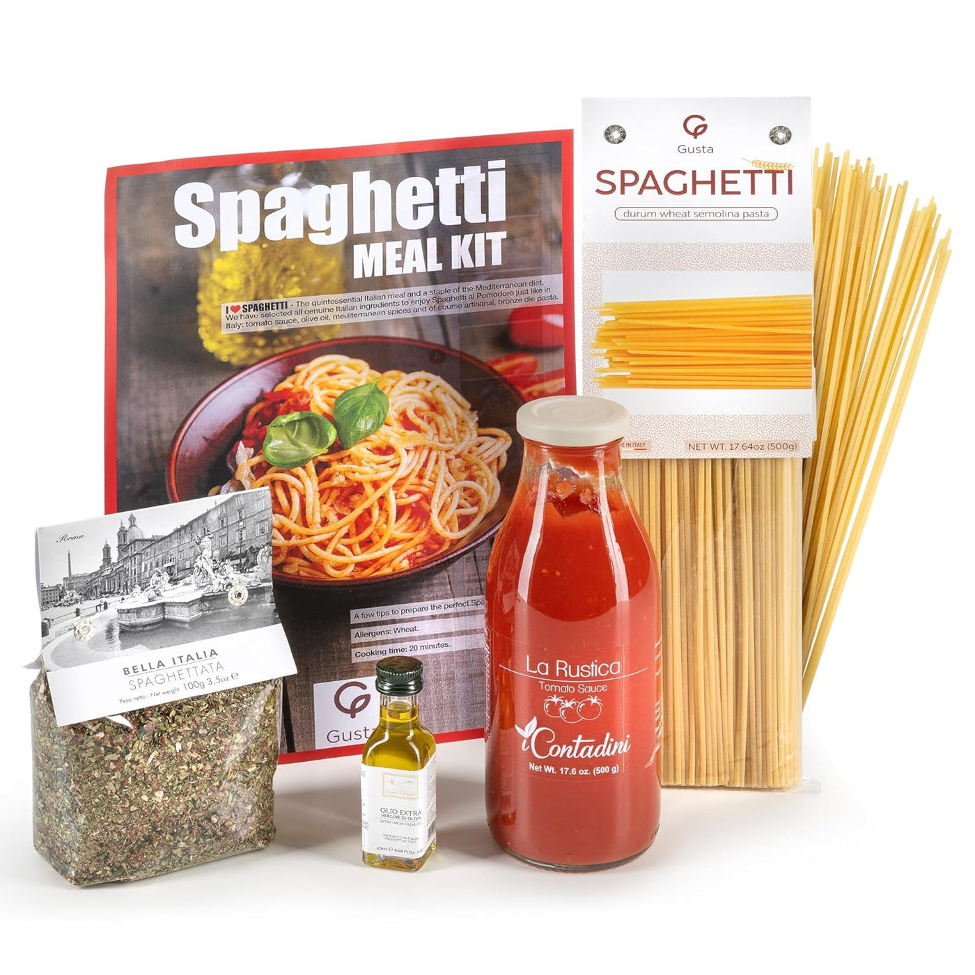 Gusta spaghetti meal kit contents pasta sauce seasoning