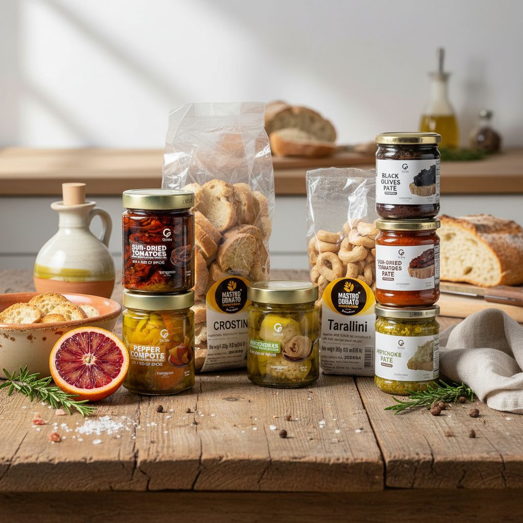 Gusta Antipasto Italiano Appetizer Set - Sun-Dried Tomatoes, Pepper Compote, Artichokes in Olive Oil, Spreadable Vegetable Pates, Taralli, and Crostini Bread
