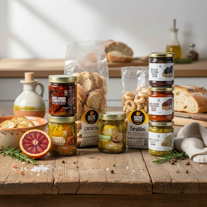 Gusta Antipasto Italiano Appetizer Set - Sun-Dried Tomatoes, Pepper Compote, Artichokes in Olive Oil, Spreadable Vegetable Pates, Taralli, and Crostini Bread