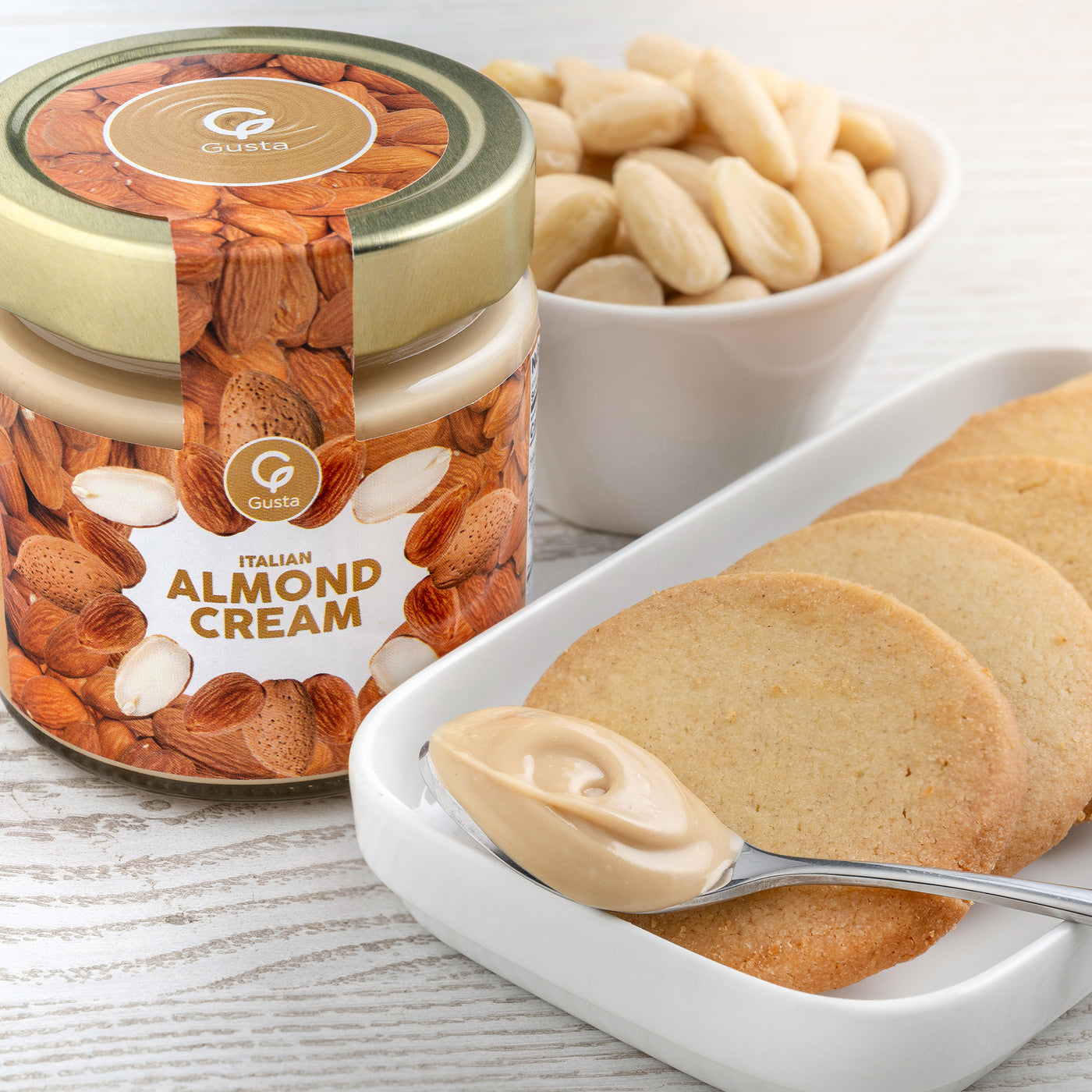 Gusta Almond Cream Spread jar made in Italy
