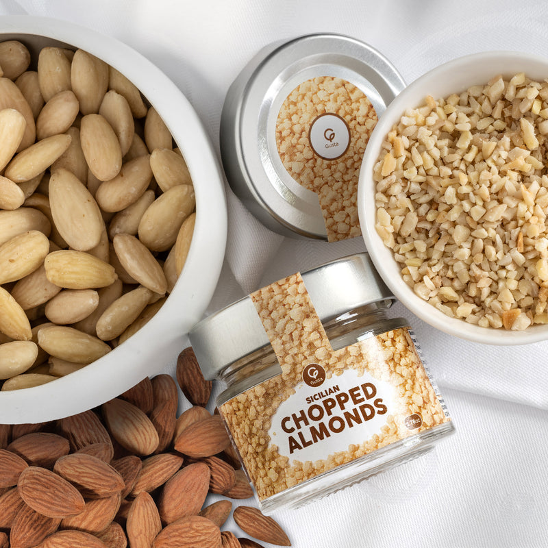 Gusta Chopped Almonds glass jar from Sicily