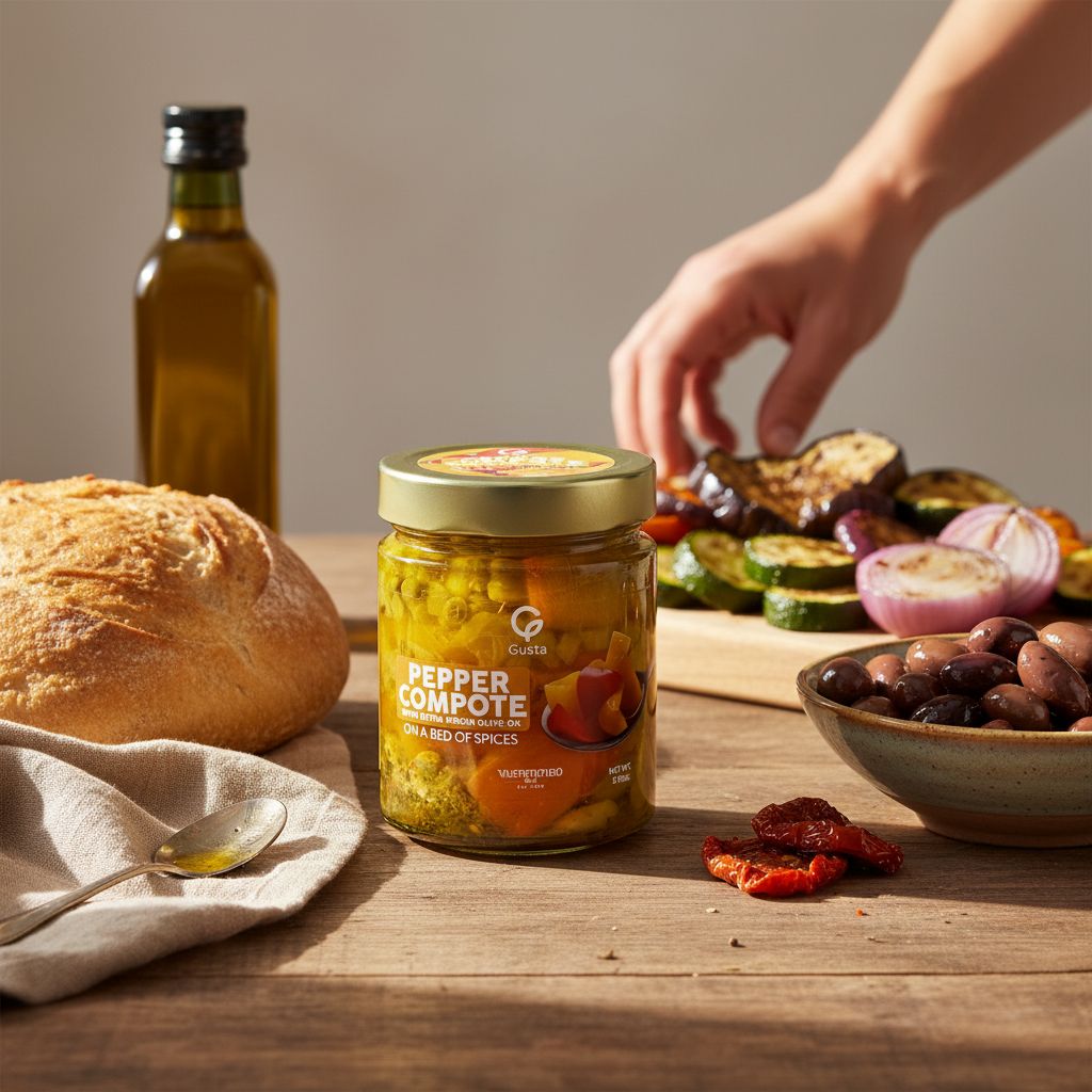 Gusta Pepper Compote in Olive Oil on a Bed of Spices