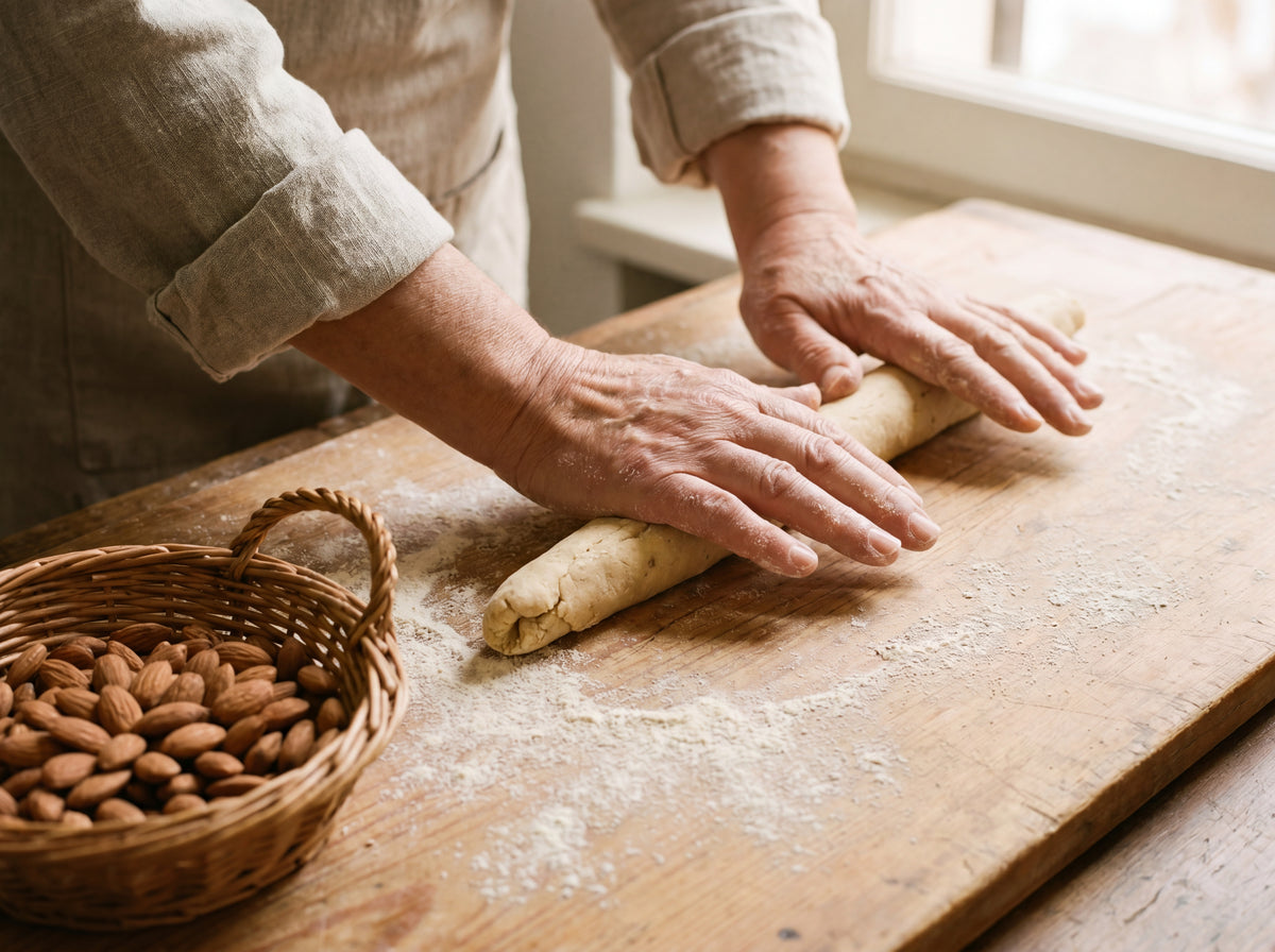 Hands shaping a biscotti log on a flour-dusted wooden board, wicker basket of almonds at the edge, rolled linen sleeve visible