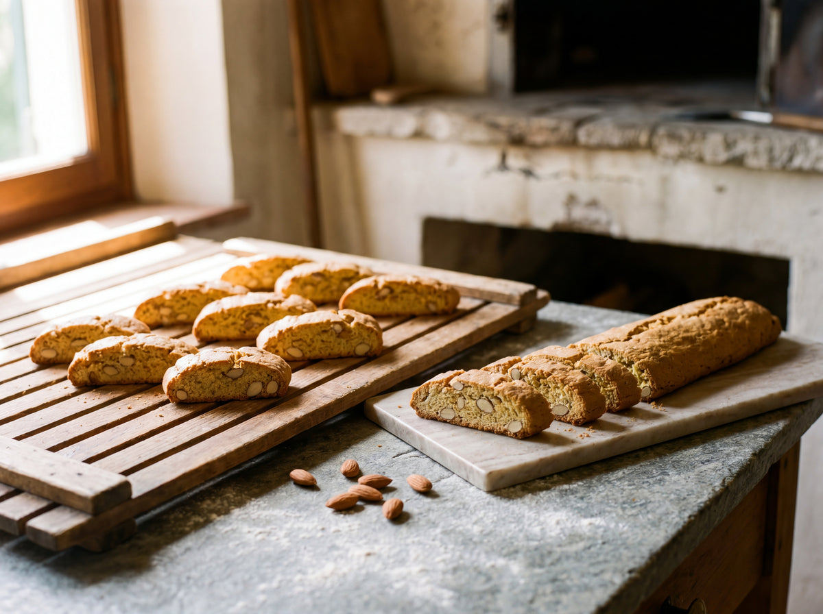 Twice-baked biscotti cooling on slatted wooden boards beside a stone oven, biscotti log sliced on a marble counter with almonds scattered nearby