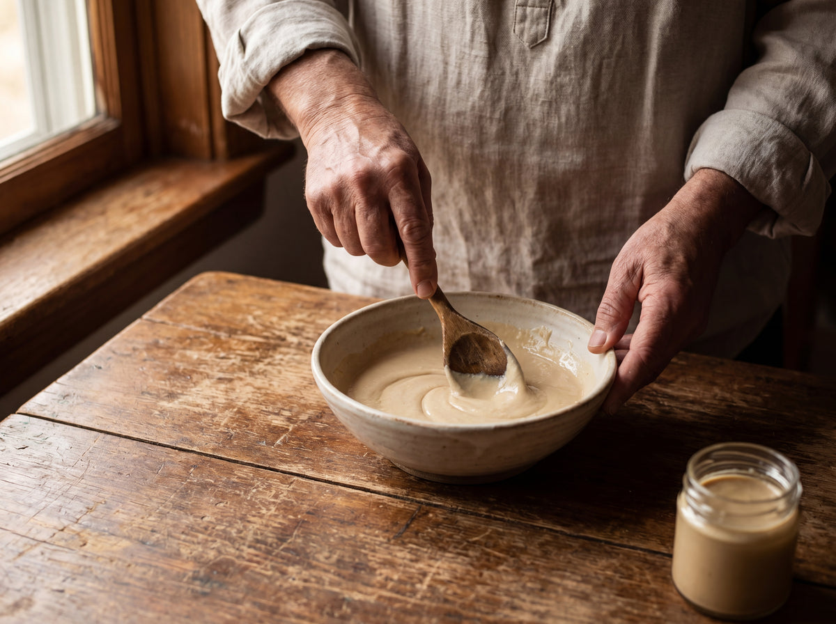 Hands stirring almond cream in a ceramic bowl