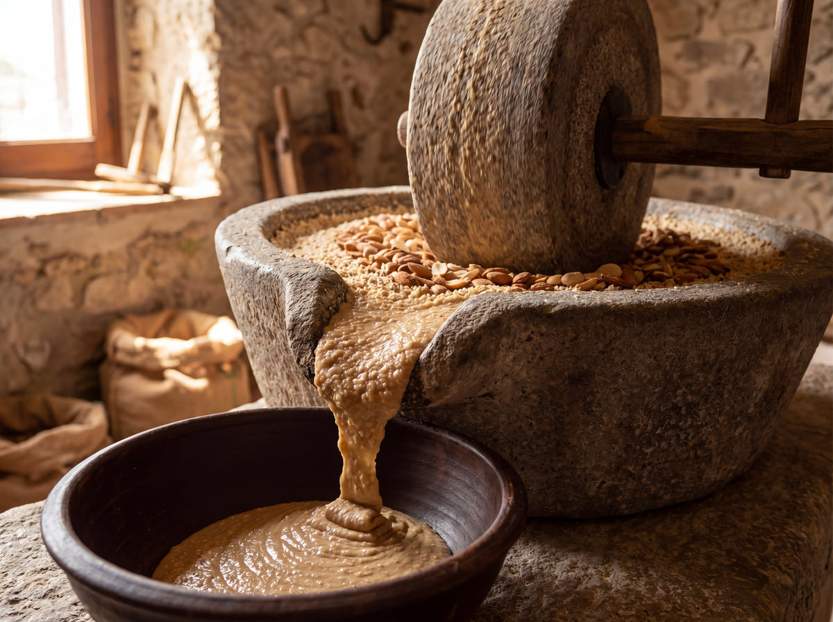 Stone mill grinding roasted almonds into pale cream in a Sicilian workshop
