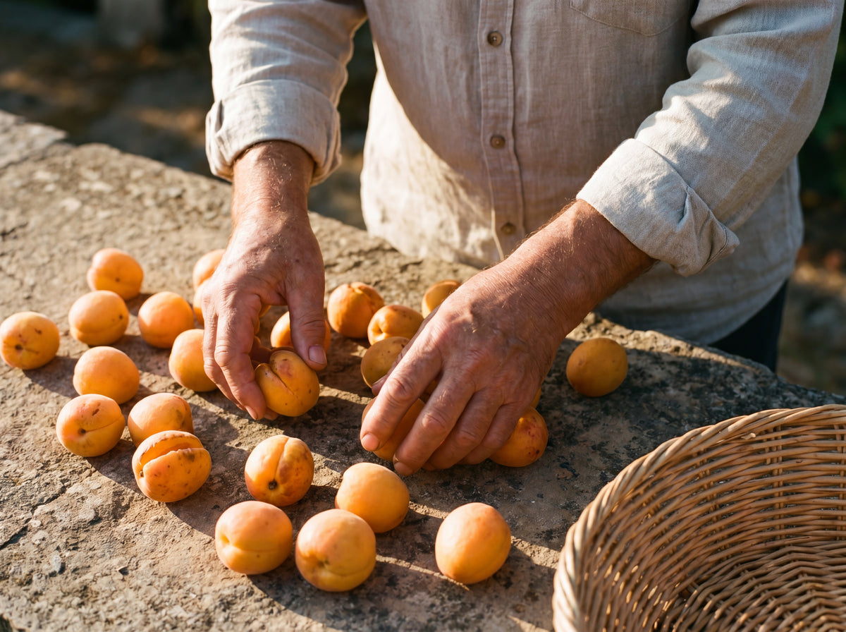 Weathered hands sorting ripe apricots on a stone surface, Puglia