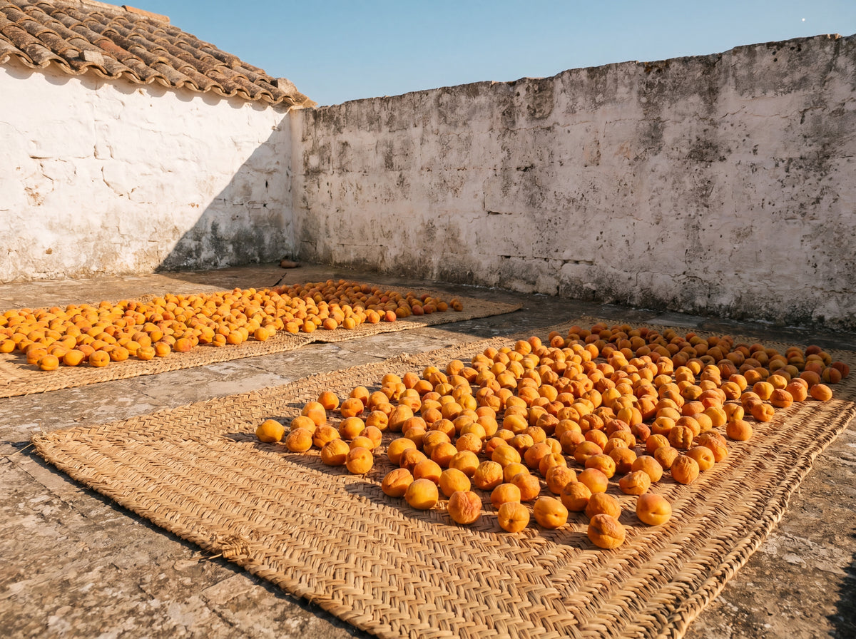Apricots drying on woven mats on a Pugliese terrace, late afternoon sun