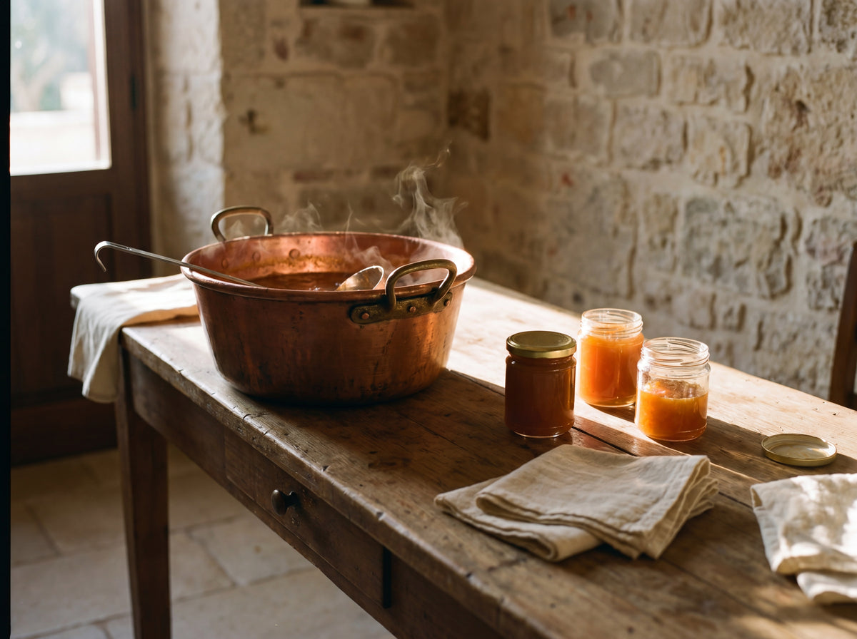 Copper pot of apricot preserve and glass jars on a wooden table, Puglia