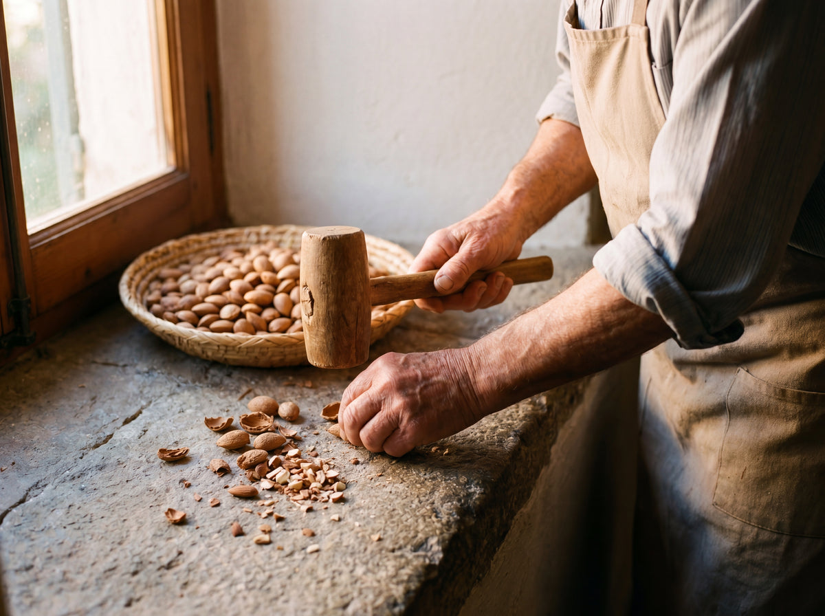 Older hands cracking almonds with mallet, shallow basket of almonds beside