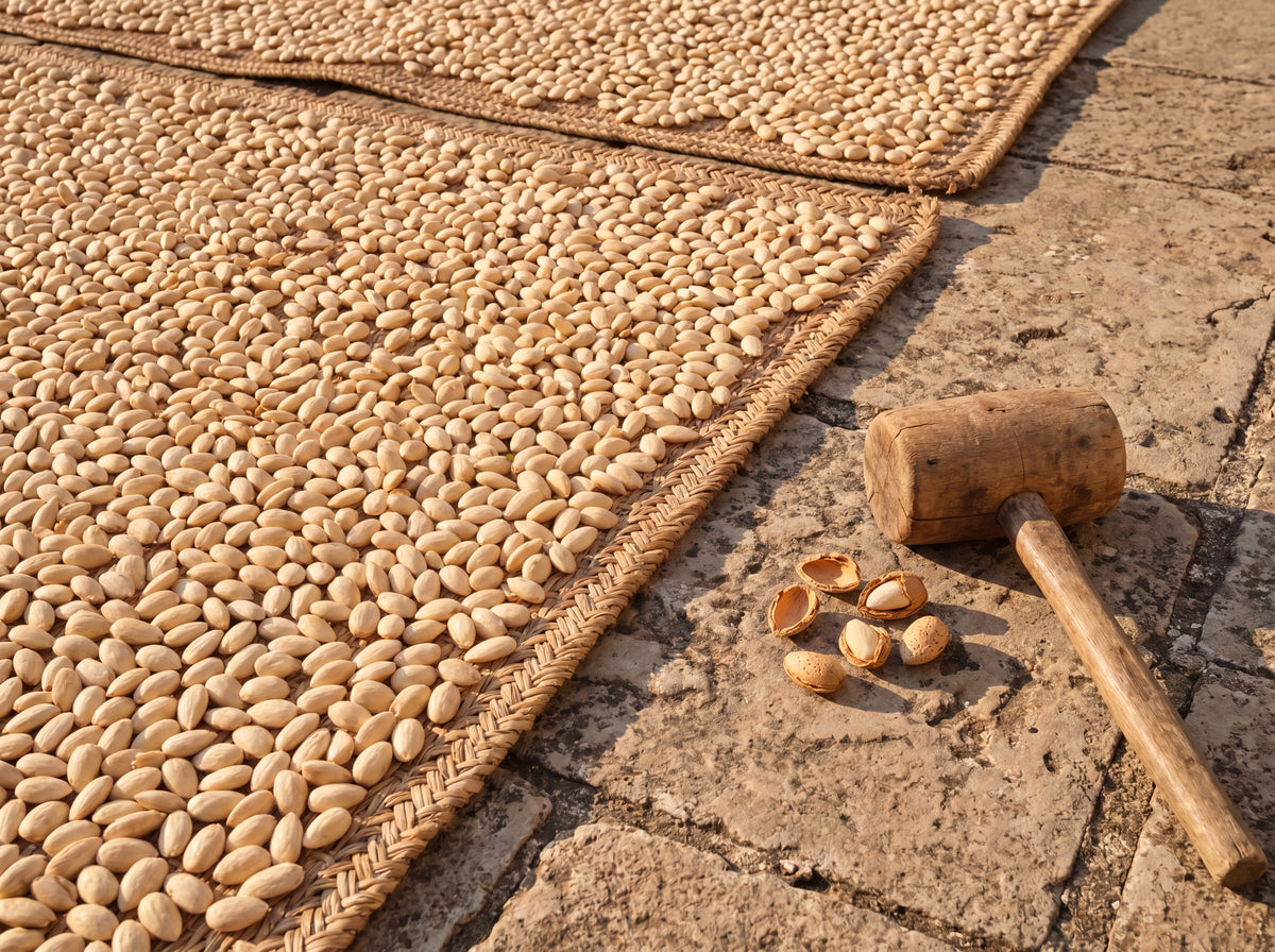 Almonds drying on woven mat, wooden mallet and cracked shells on stone terrace