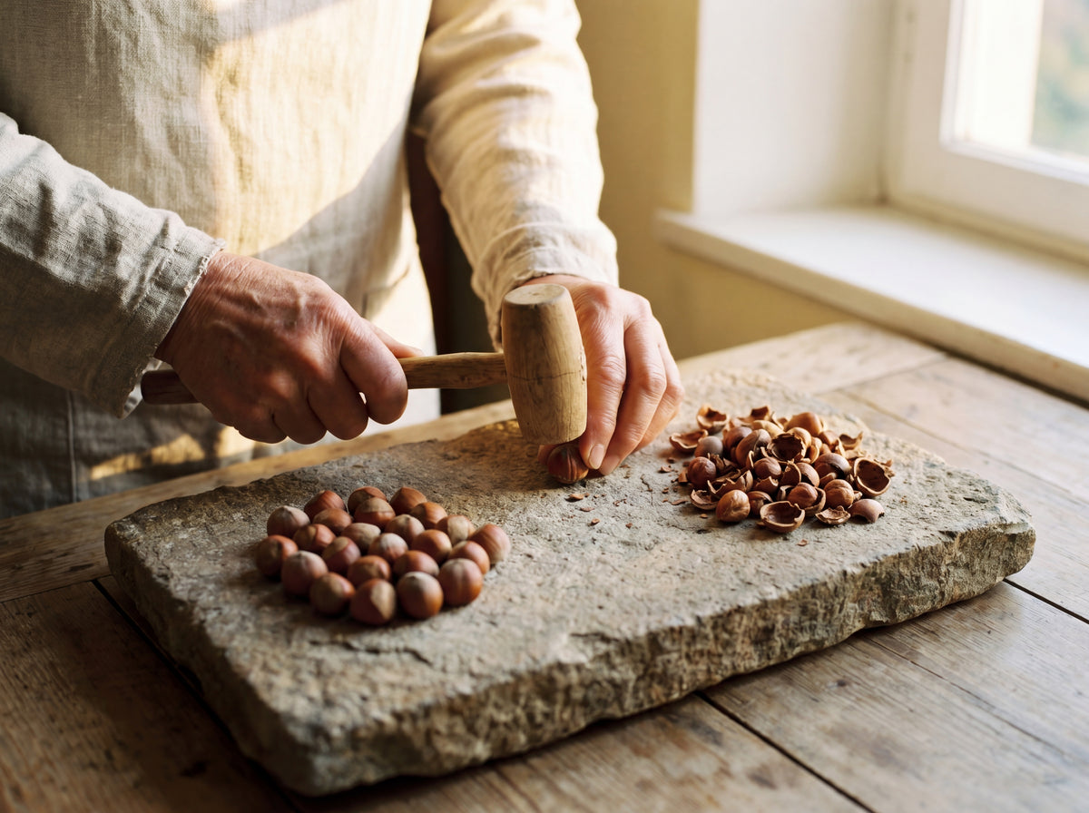 Older hands cracking hazelnuts with wooden mallet on stone slab