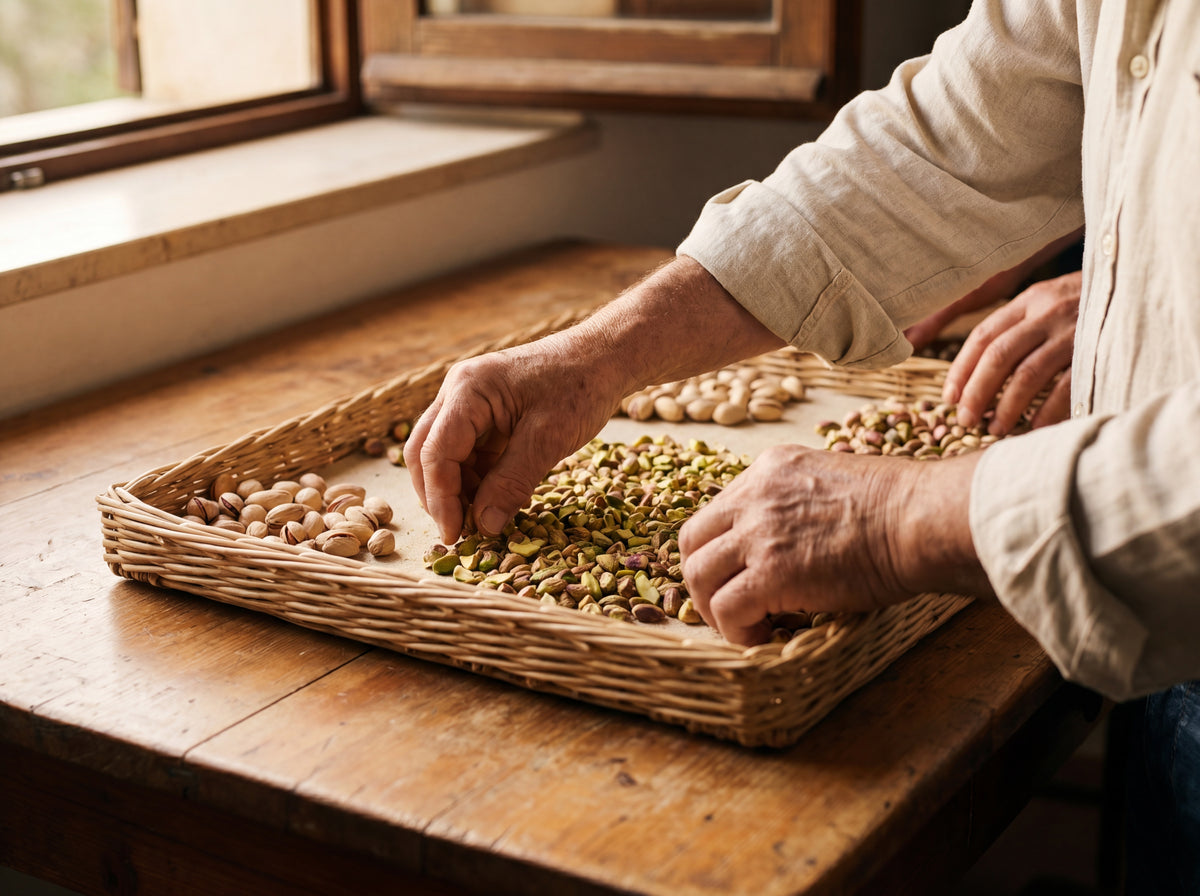 Older hands sorting pistachios in wicker tray, side-window light