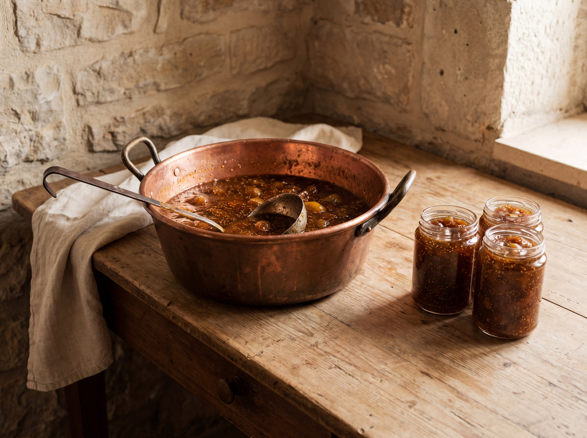 Copper pot with dark chunky fig preserve