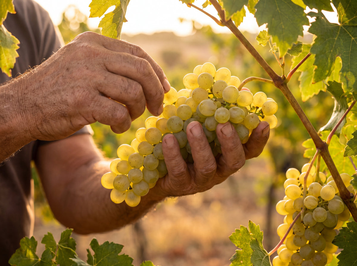 Weathered hands holding a cluster of pale golden-green white grapes on the vine
