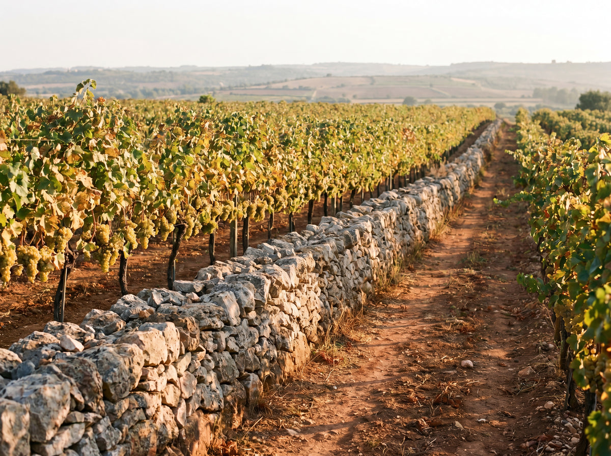 Puglia vineyard at golden hour with pale golden-green white grape clusters and dry stone wall