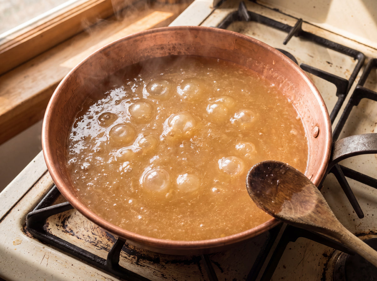 Copper pan with pale amber white grape jam bubbling on a wood-fired stove