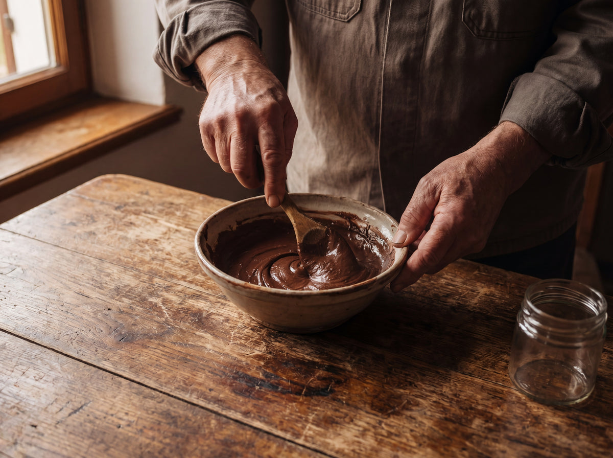 Hands stirring hazelnut cacao cream in a ceramic bowl