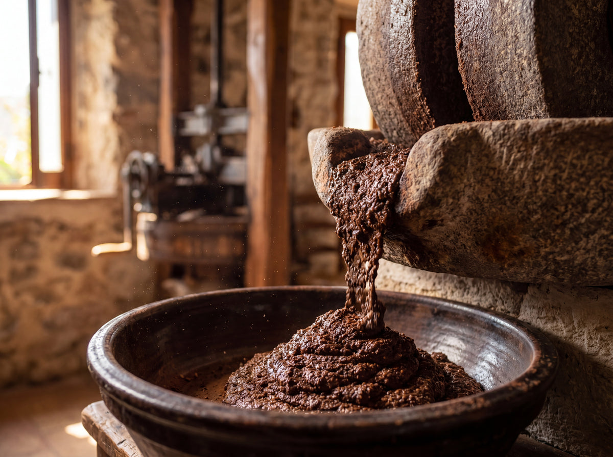 Stone mill grinding hazelnut-cocoa paste in a Sicilian workshop