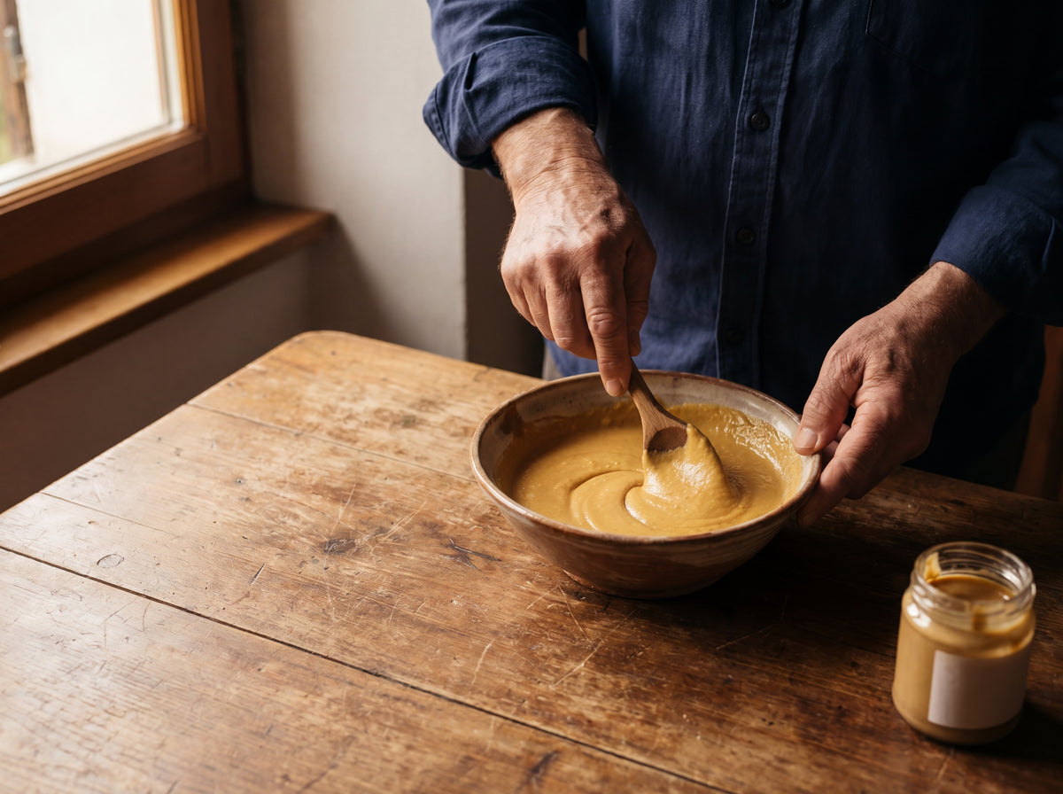 Hands stirring Sicilian hazelnut cream in a ceramic bowl