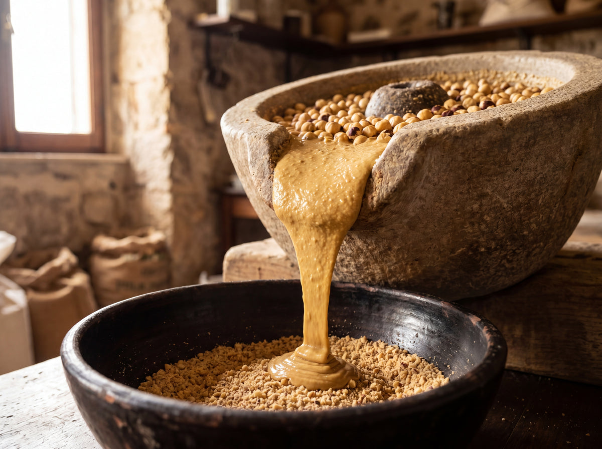 Stone grinding mill pressing hazelnuts into golden cream in a Sicilian workshop
