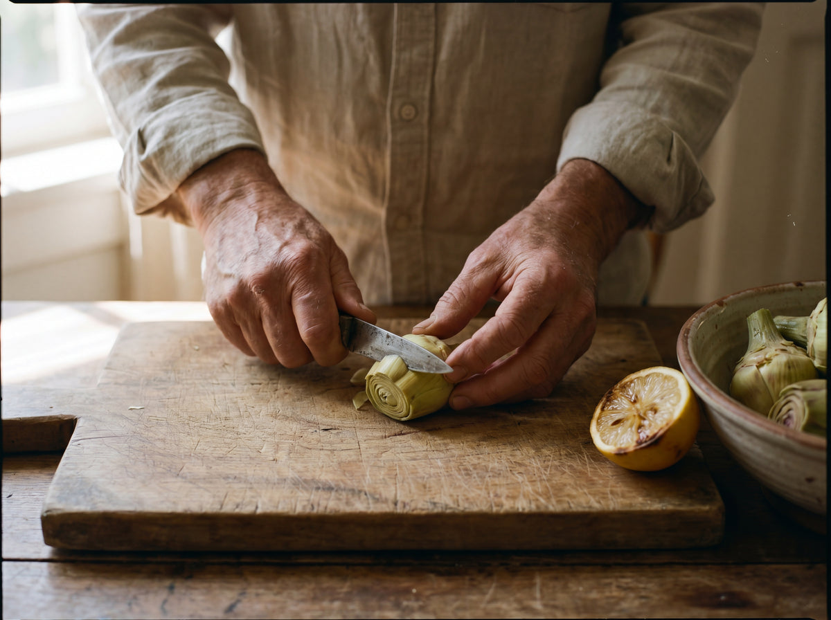 Weathered hands trimming artichoke hearts on a worn wooden board