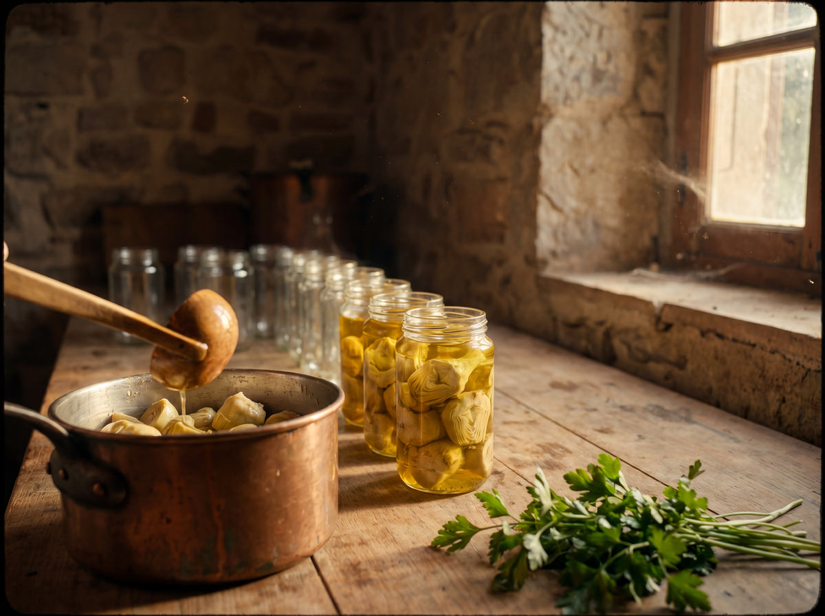 Artichoke hearts being packed into glass jars with oil and parsley, stone workshop