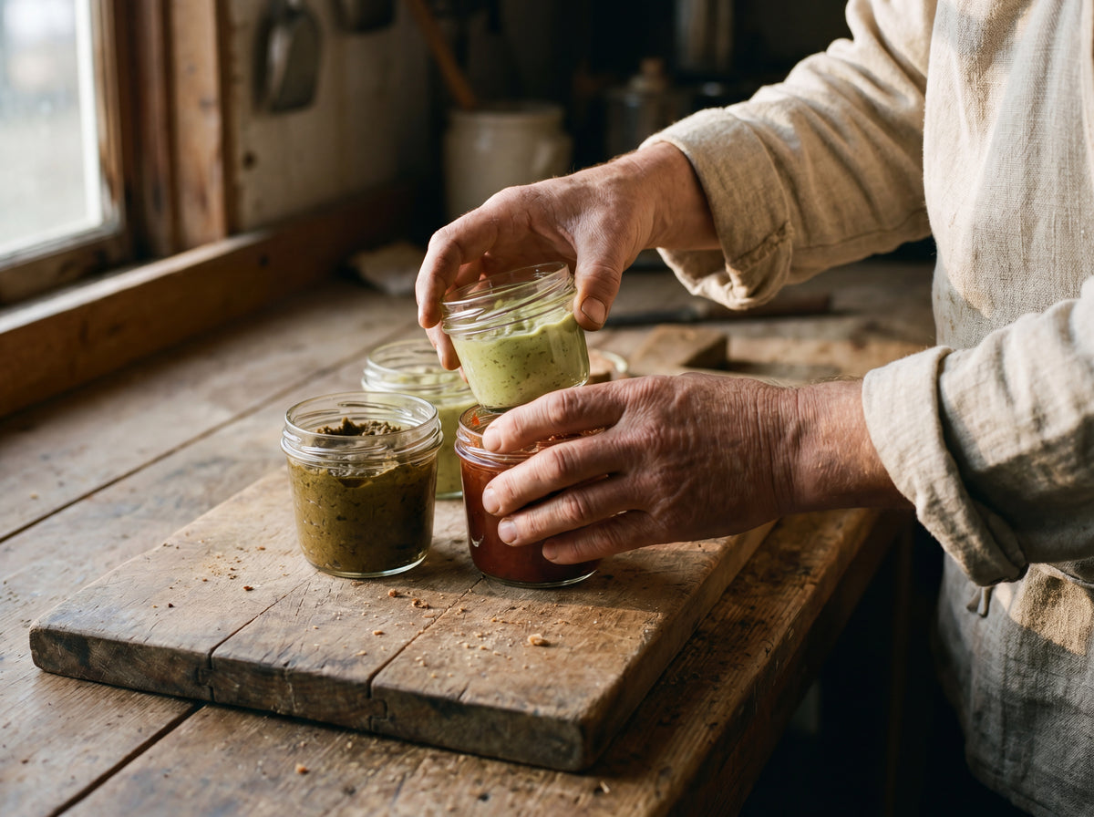 Weathered hands arranging three filled pate jars on a wooden board