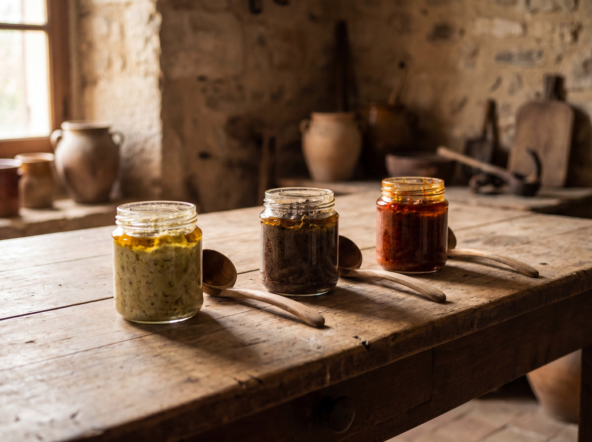 Three jars of artichoke, olive, and tomato pate on a worn wooden table